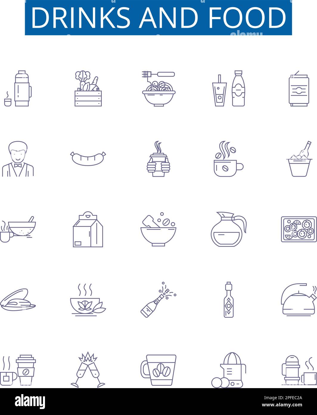 Drinks and food line icons signs set. Design collection of Drinks, Snack, Soda, Juice, Coffee, Beer, Tea, Smoothie outline concept vector Stock Vector