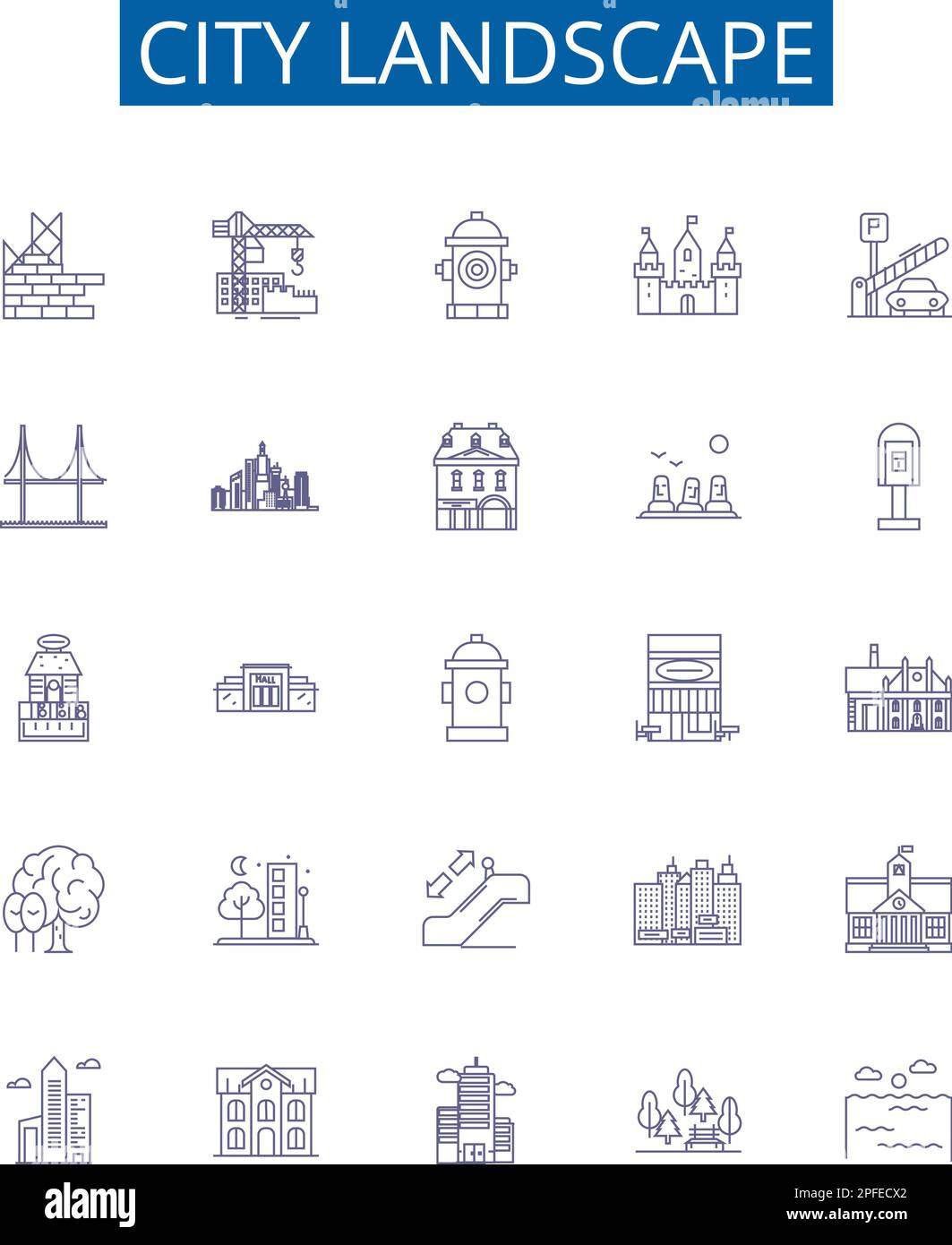 City landscape line icons signs set. Design collection of Urban, skyline, streetscape, skyline, architecture, metropolis, vista, hustle outline Stock Vector