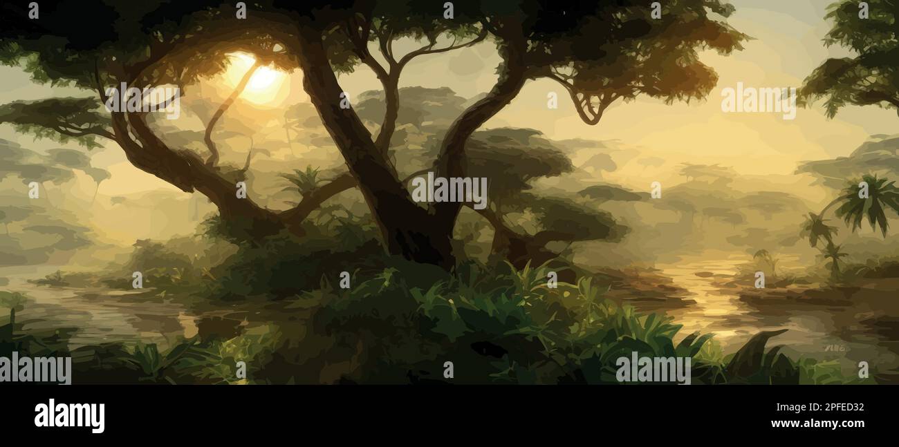 African rainforest. African jungle rainforest panorama with tropical