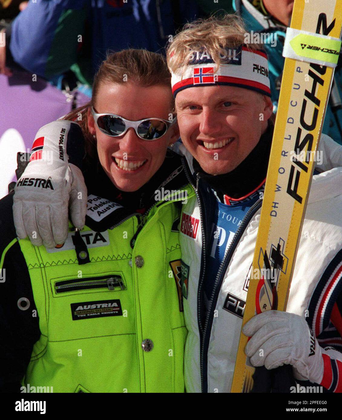 Norway's Atle Skaardal gold medalist in the men's super giant slalom at the  World Alpine Ski Championships poses with his Austrian girlfriend Karin  Koellerer in the finish area in Sestriere Monday Feb.