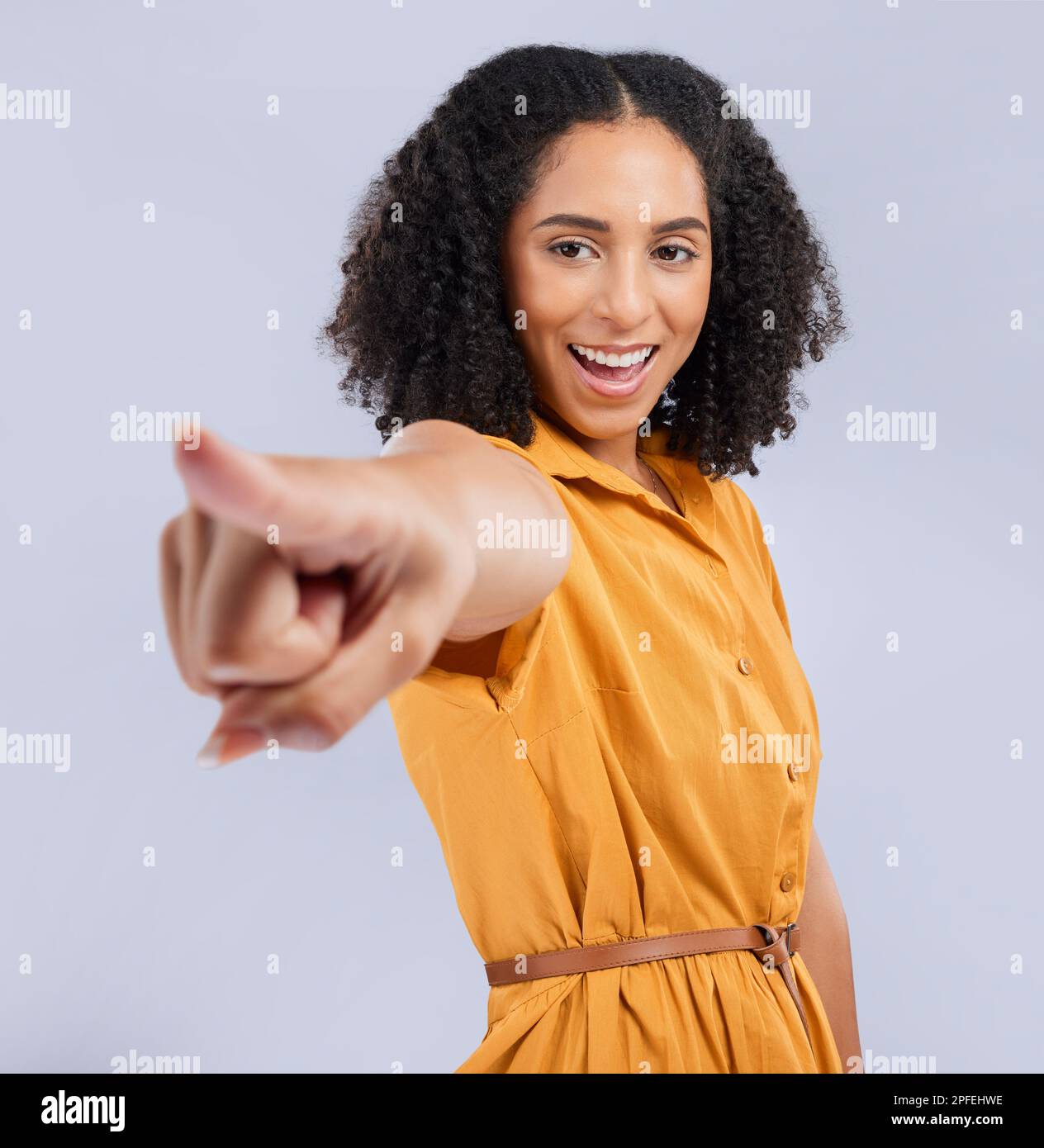 Hand, pointing and black woman in studio with you, choosing or decision