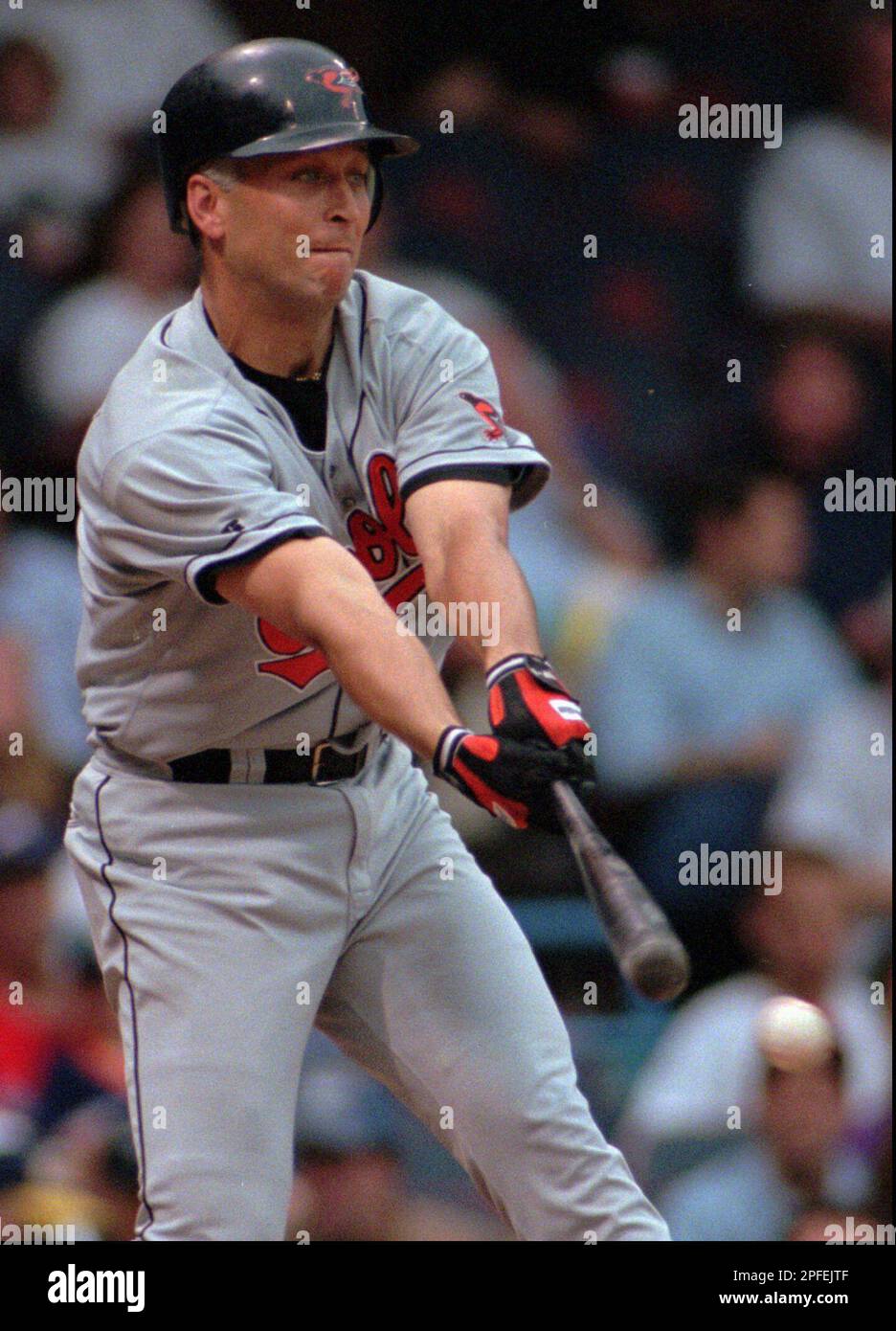 Baltimore Orioles Cal Ripken, playing in his 2,213th consecutive game,  connects for a single in the second inning off Detroit Tigers starting  pitcher Felipe Lira Tuesday, June 11, 1996, in Detroit. On