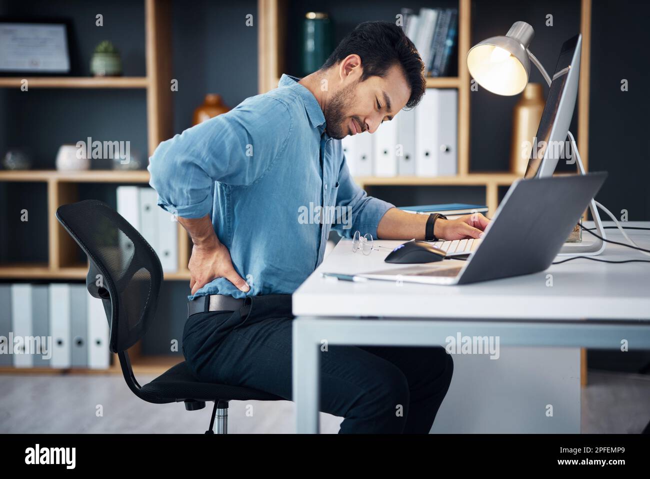 Back pain, man and stress of desk worker, muscle injury and health risk