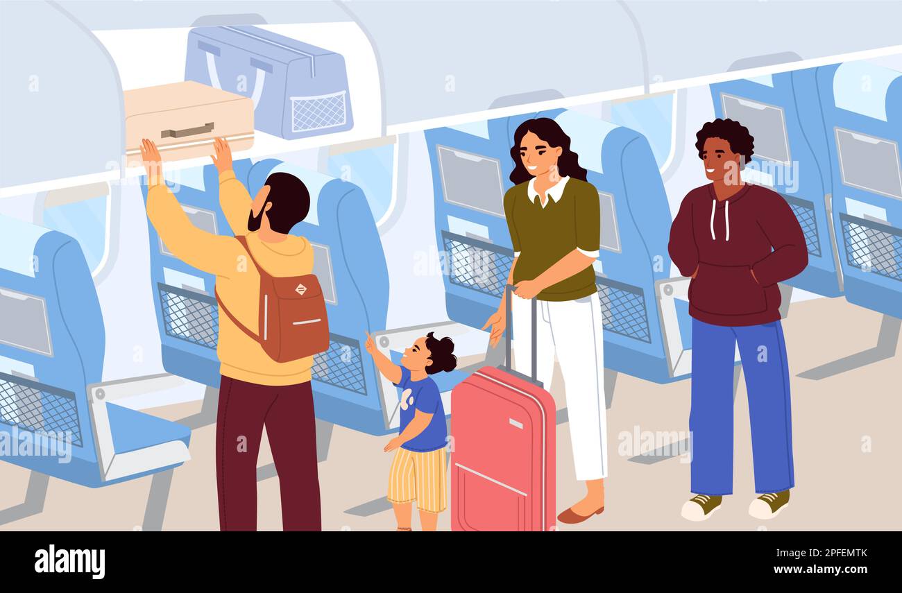 Inside airplane illustration. Vector aircraft passengers placing