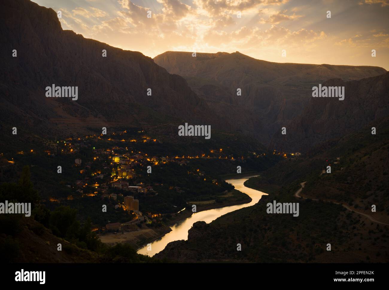 The silhouette of the Euphrates river ( Turkish; Fırat nehri )  and its valley. Sunset view in Kemaliye town. Turkey travel destinations. Erzincan Stock Photo