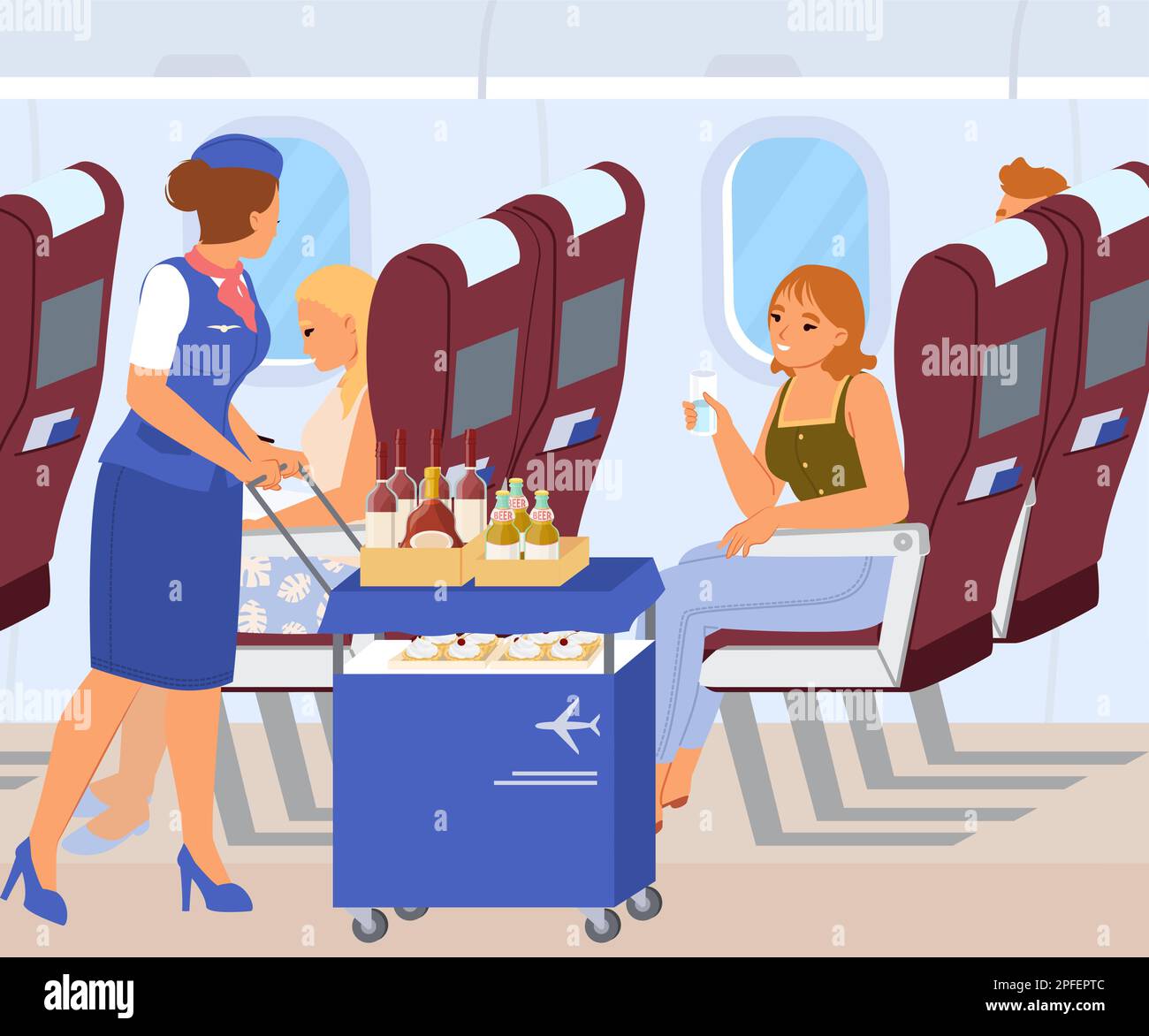 Flight Attendant Serving Food And Drinks To Passengers On Aircraft Board Vector Illustration