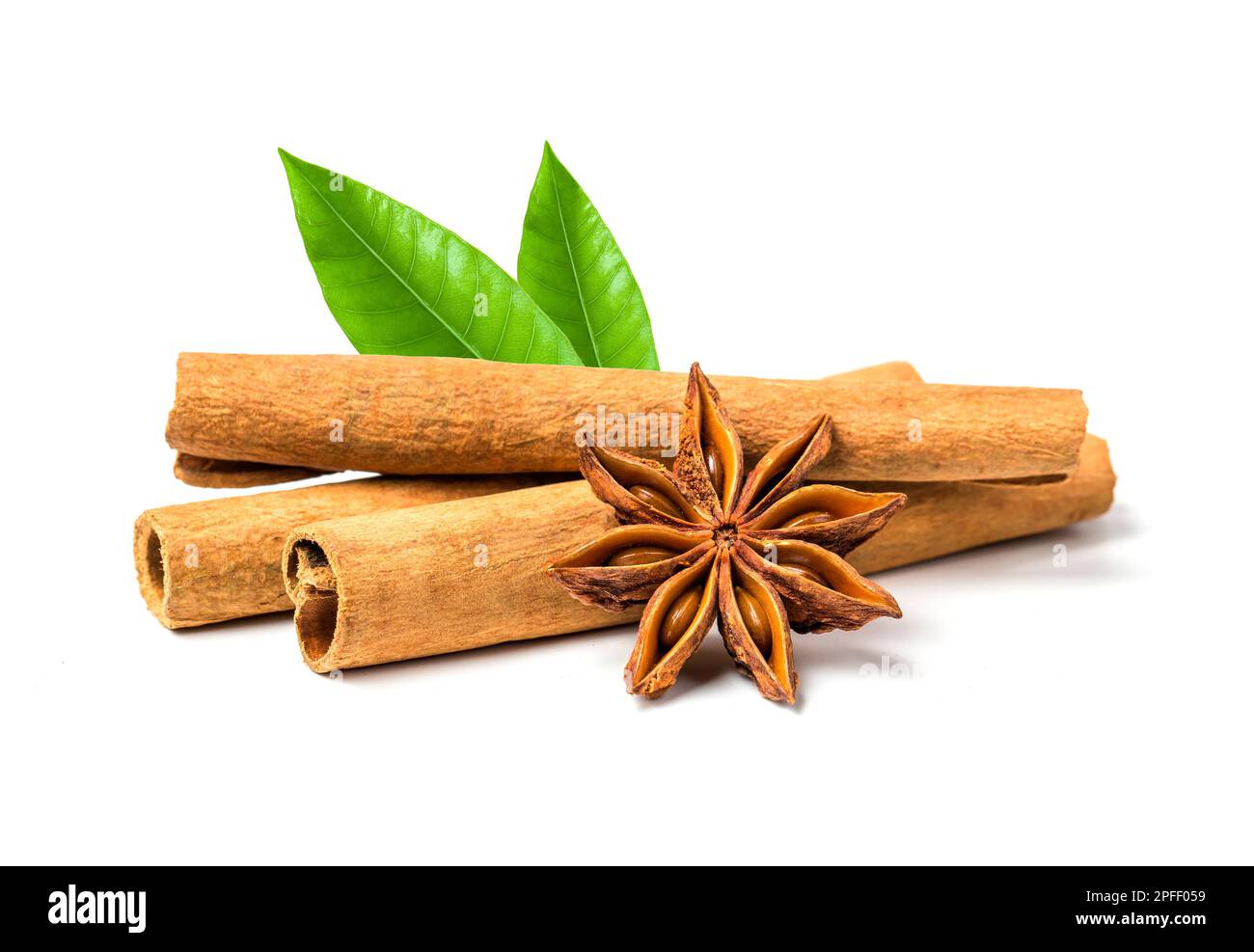 Cinnamon Anise with Leafs on White Background. Kitchen Herbs Stock Photo