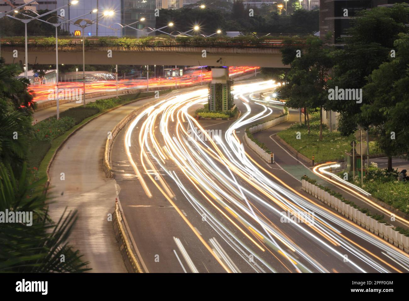 Midnight Traffic Jam Potrait on Sudirman Street , South Jakarta. near Skyscrapper Building. Captured at JPO Bridge , MRT Benhill Stock Photo