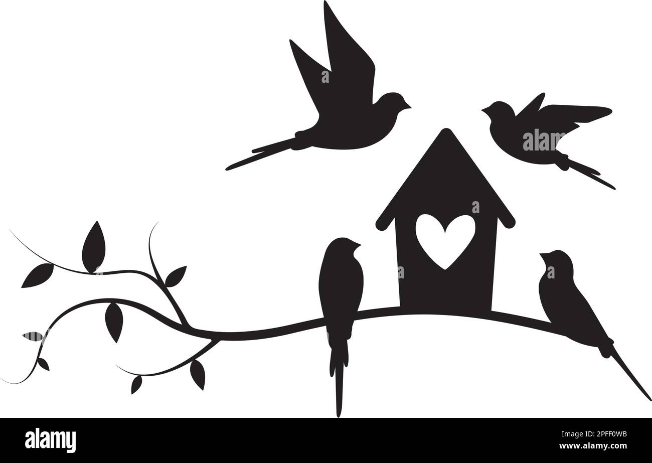 Birds on branch and bird house, vector. Cute cartoon illustration