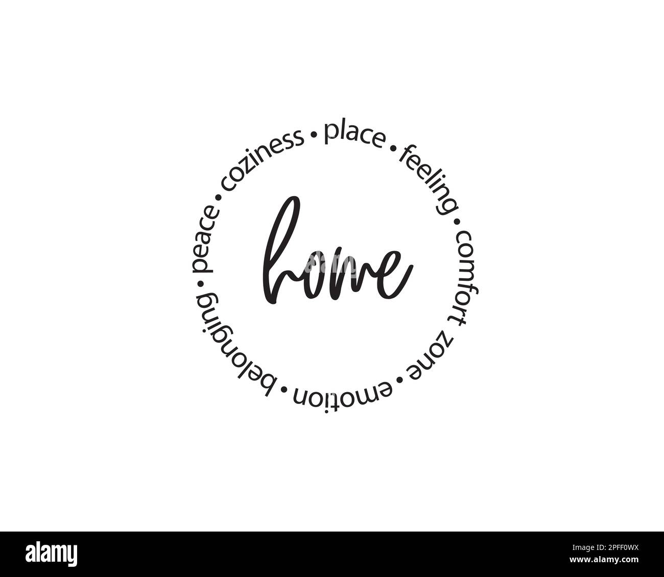 Home and words in a circle. Typographical art design isolated on white