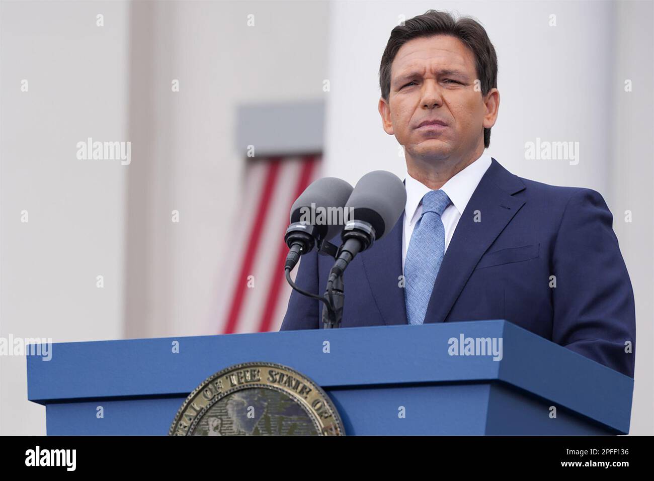 Florida Governor Ron DeSantis speaking from the steps of the Old Capitol after being sworn in to begin his second term during an inauguration ceremony on January 3, 2023, in Tallahassee, Florida. (USA) Stock Photo
