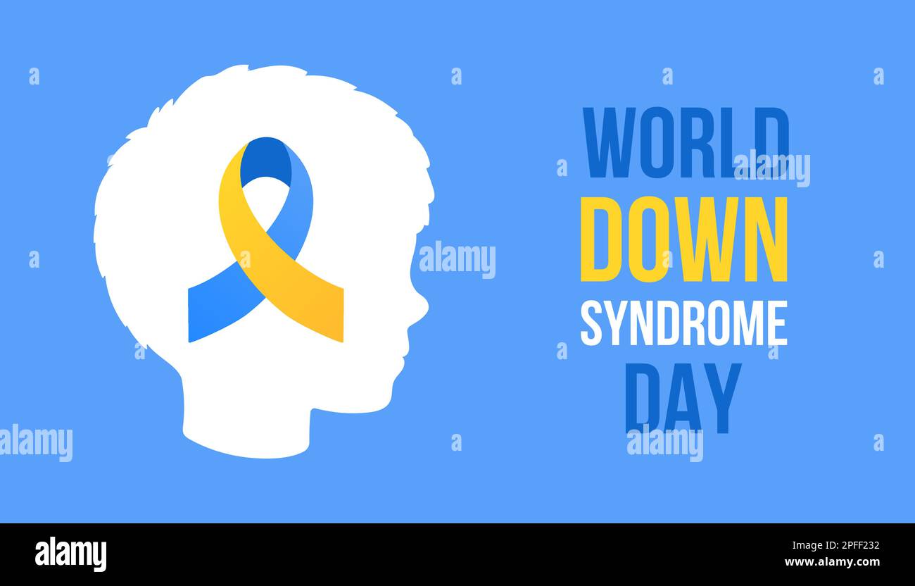 World Down syndrome Day horizontal poster. Blue, yellow ribbon, white