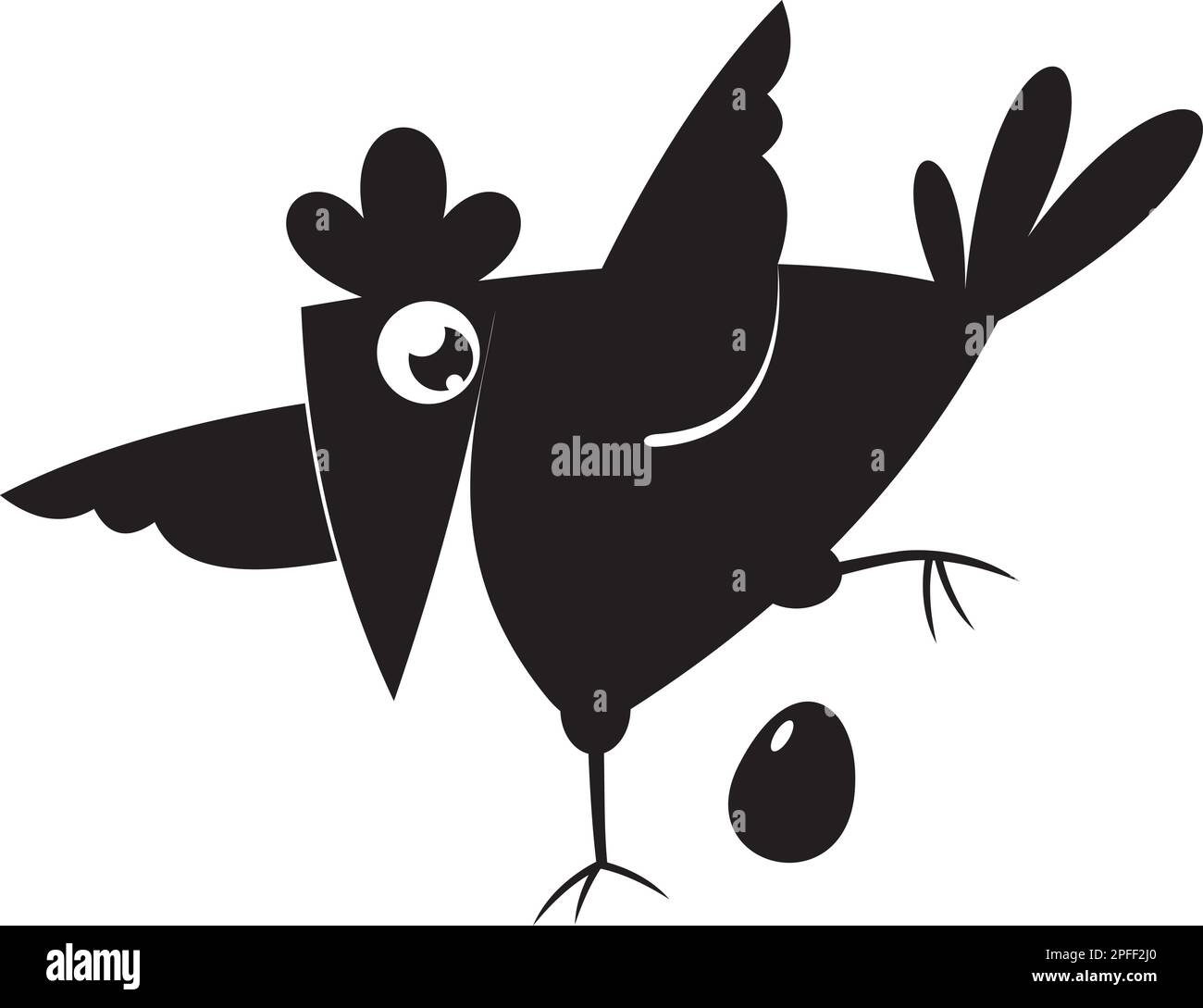 Cartoon hen, egg illustration. Cute hen laying an egg. Black and white illustration Stock Vector