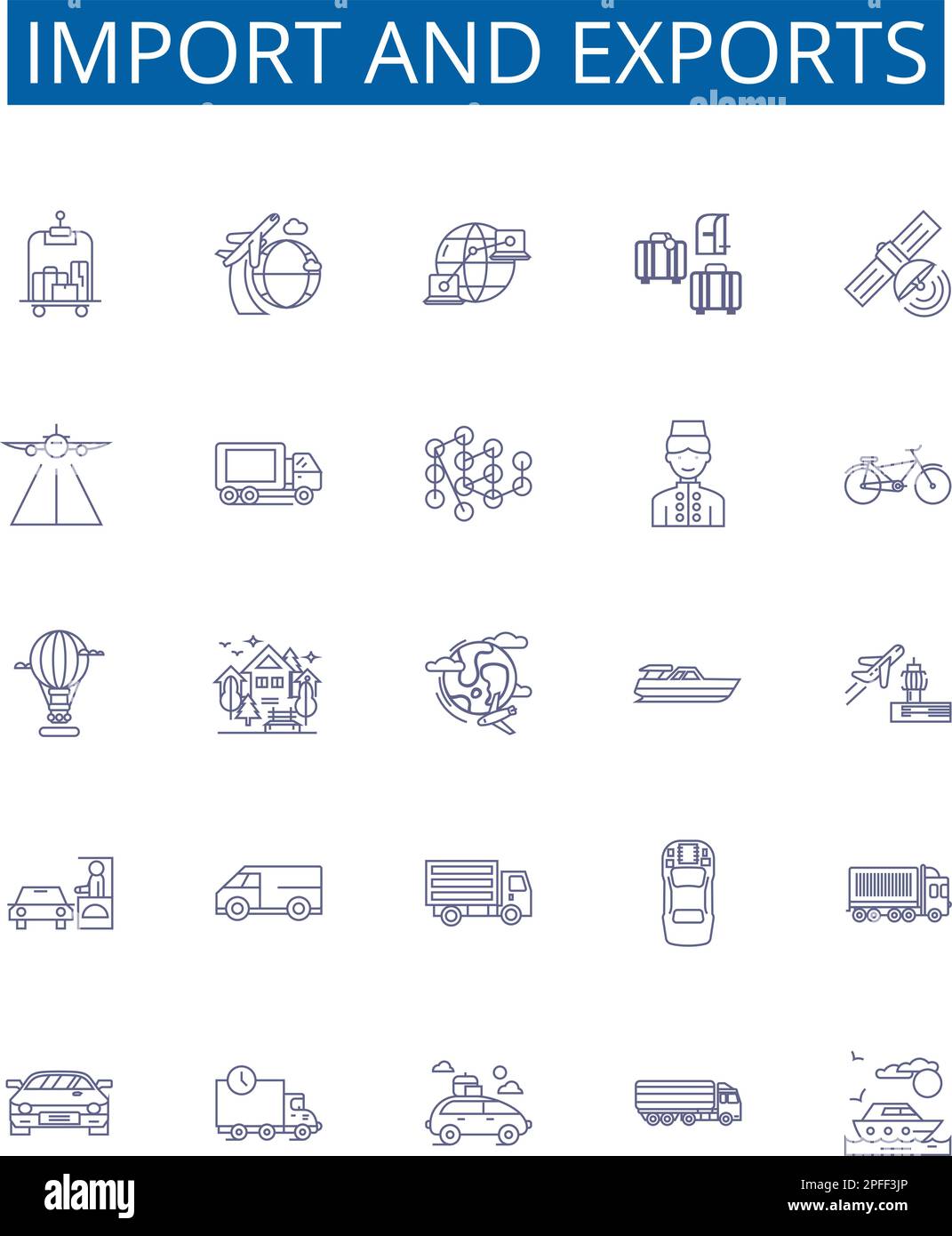 Import and exports line icons signs set. Design collection of import, export, trade, global, market, logistics, transportation, shipping outline Stock Vector
