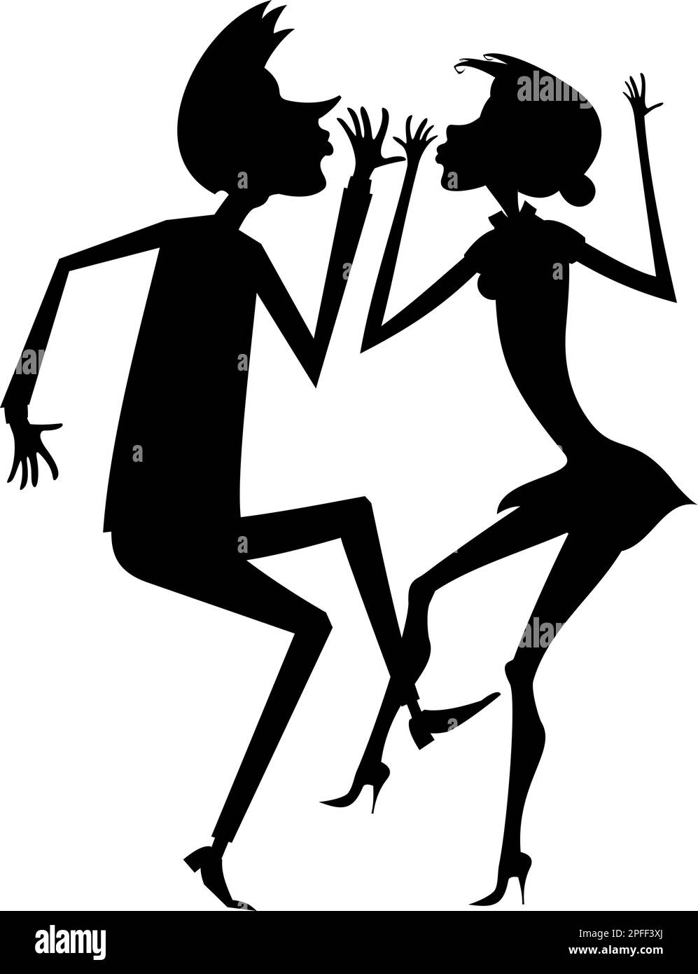 Romantic dancing young couple. Art silhouette.  Funny dancing young man and woman. Black and white Stock Vector