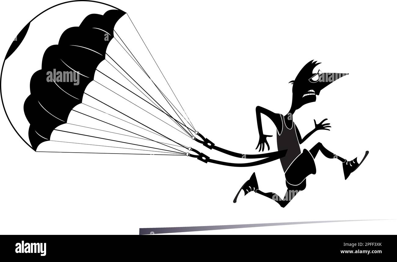 Hard training runner. Runner, parachute. Cartoon running man drags a parachute. Black and white Stock Vector