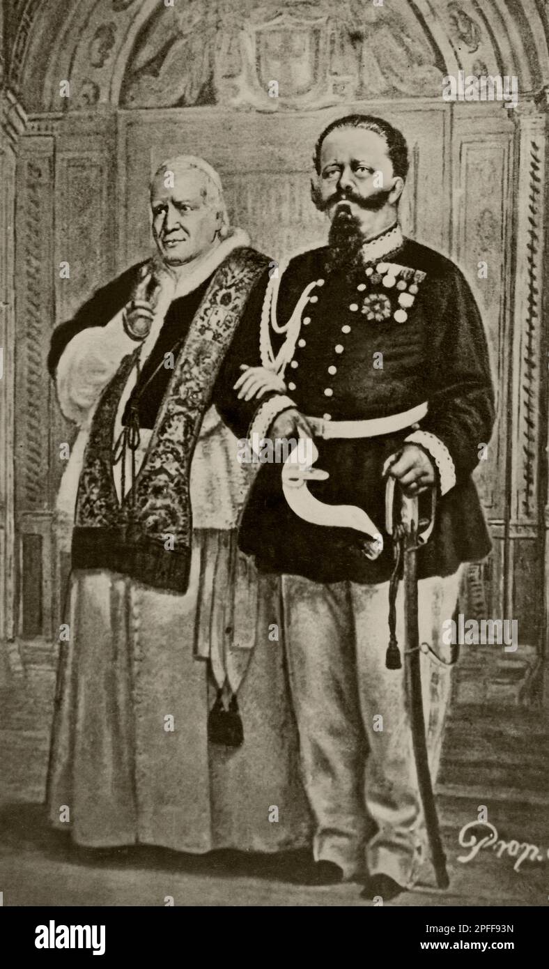 Portrait of Pope Pius IX and King Vittorio Emanuele II between 1860 and 1890. Stock Photo