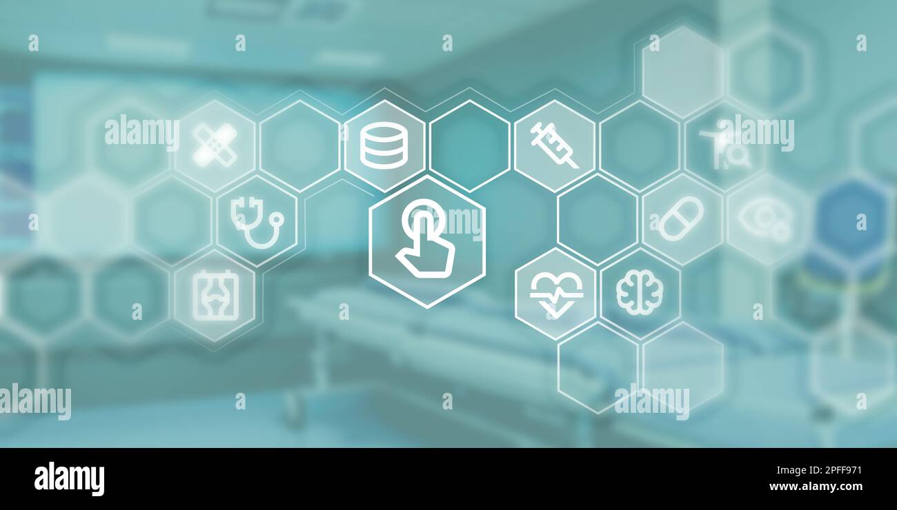 Graphic suitable as icon image for doctor and data as header. Icons for data, cloud, medicine, diagnosis and medical care in honeycomb. Stock Photo