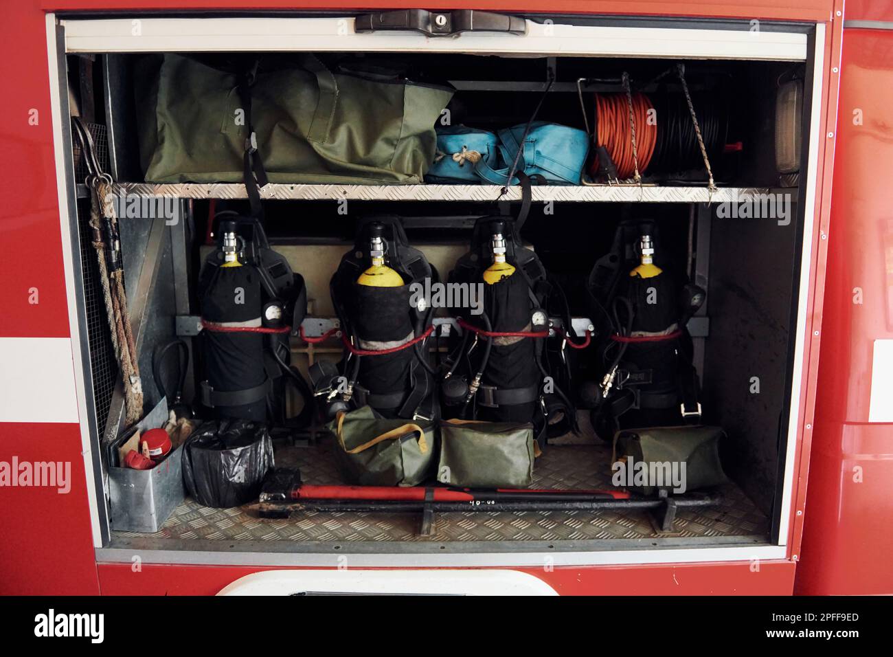 Oxygen balloons. Close up view of firefighter's equipment that is ...