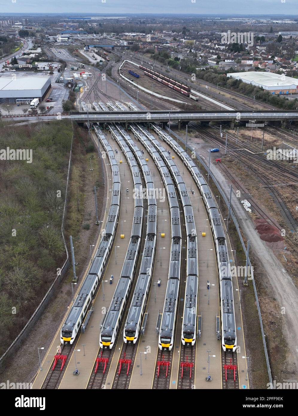 Peterborough, UK. 16th Mar, 2023. Trains are stationary in sidings in