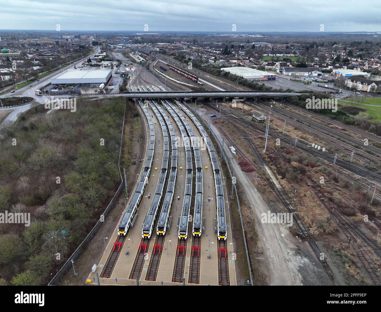 Peterborough, UK. 16th Mar, 2023. Trains are stationary in sidings in Peterborough, Cambs., as national strike action by the RMT union means a highly reduced train service will be running today. Credit: Paul Marriott/Alamy Live News Stock Photo