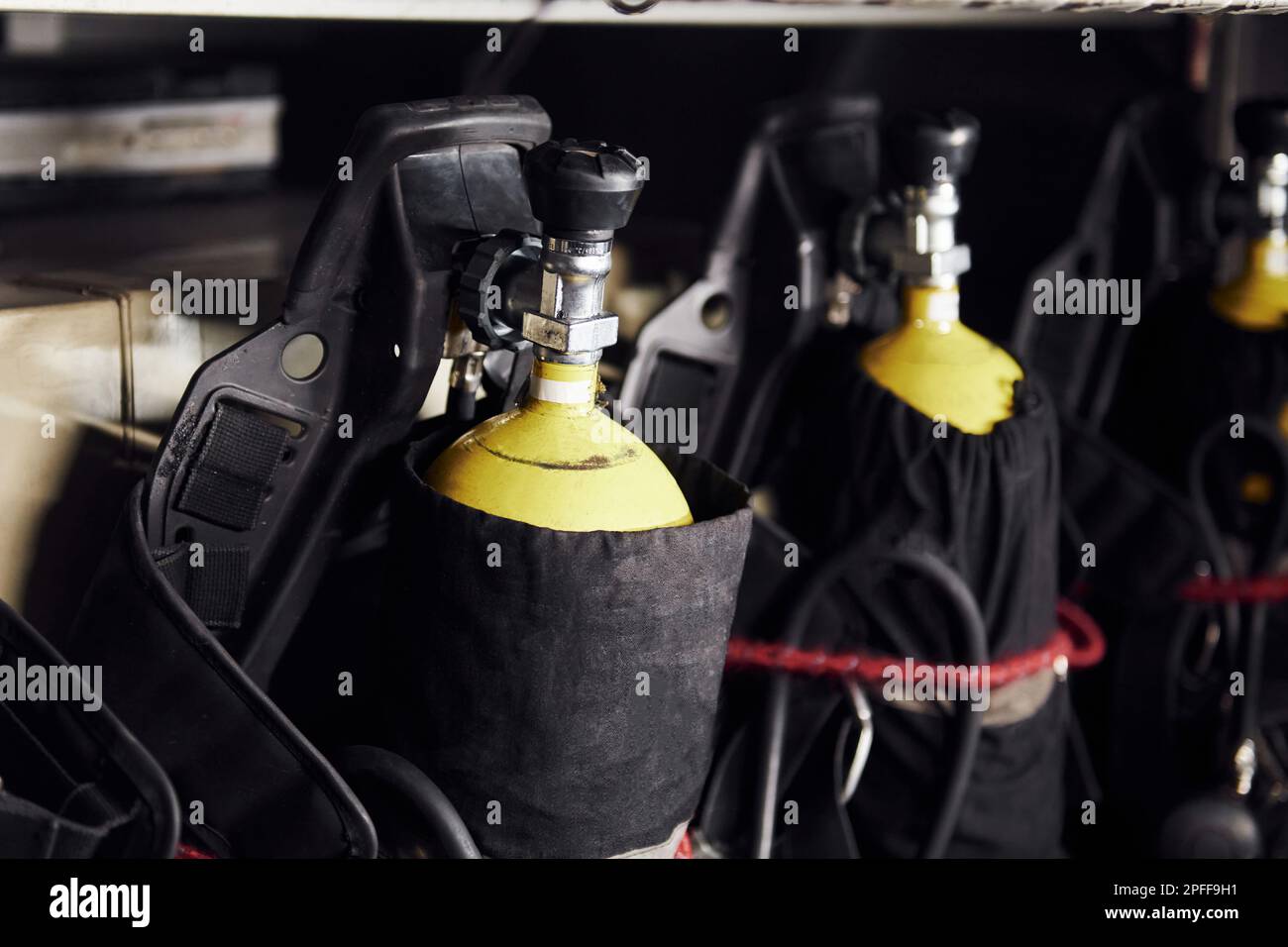 Oxygen balloons. Close up view of firefighter's equipment that is ...