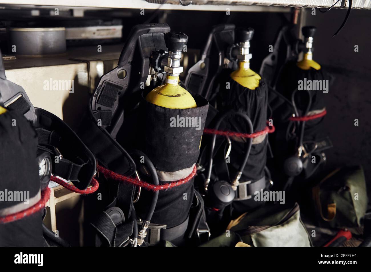 Oxygen balloons. Close up view of firefighter's equipment that is ...