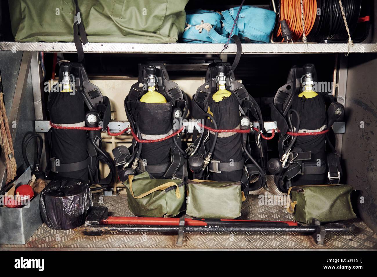 Oxygen balloons. Close up view of firefighter's equipment that is ...