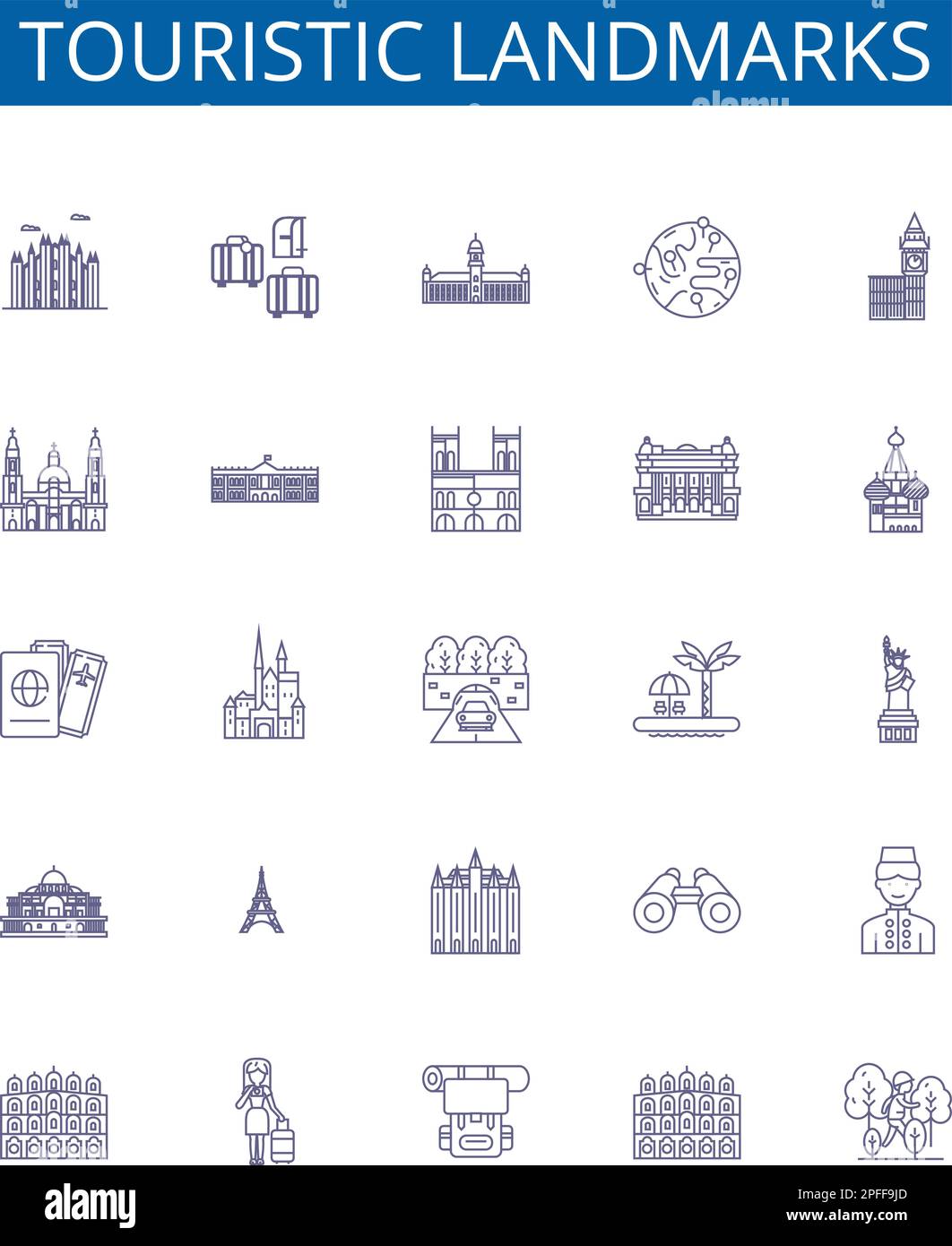 Touristic landmarks line icons signs set. Design collection of Tourist, Landmarks, Monuments, Palaces, Churches, Castles, Ruins, Statues outline Stock Vector