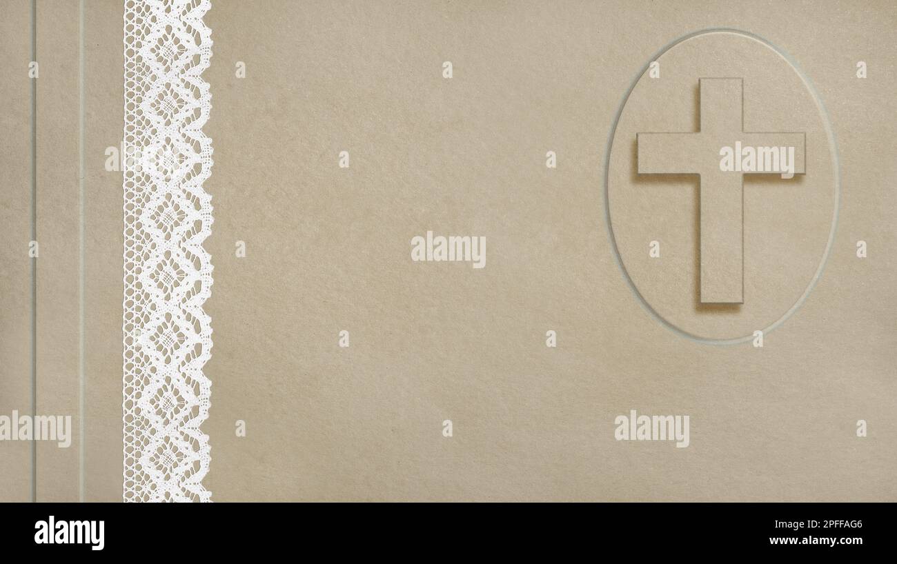 Religious background with cross painted on an oval on a textured brown background with lace detail. Stock Photo
