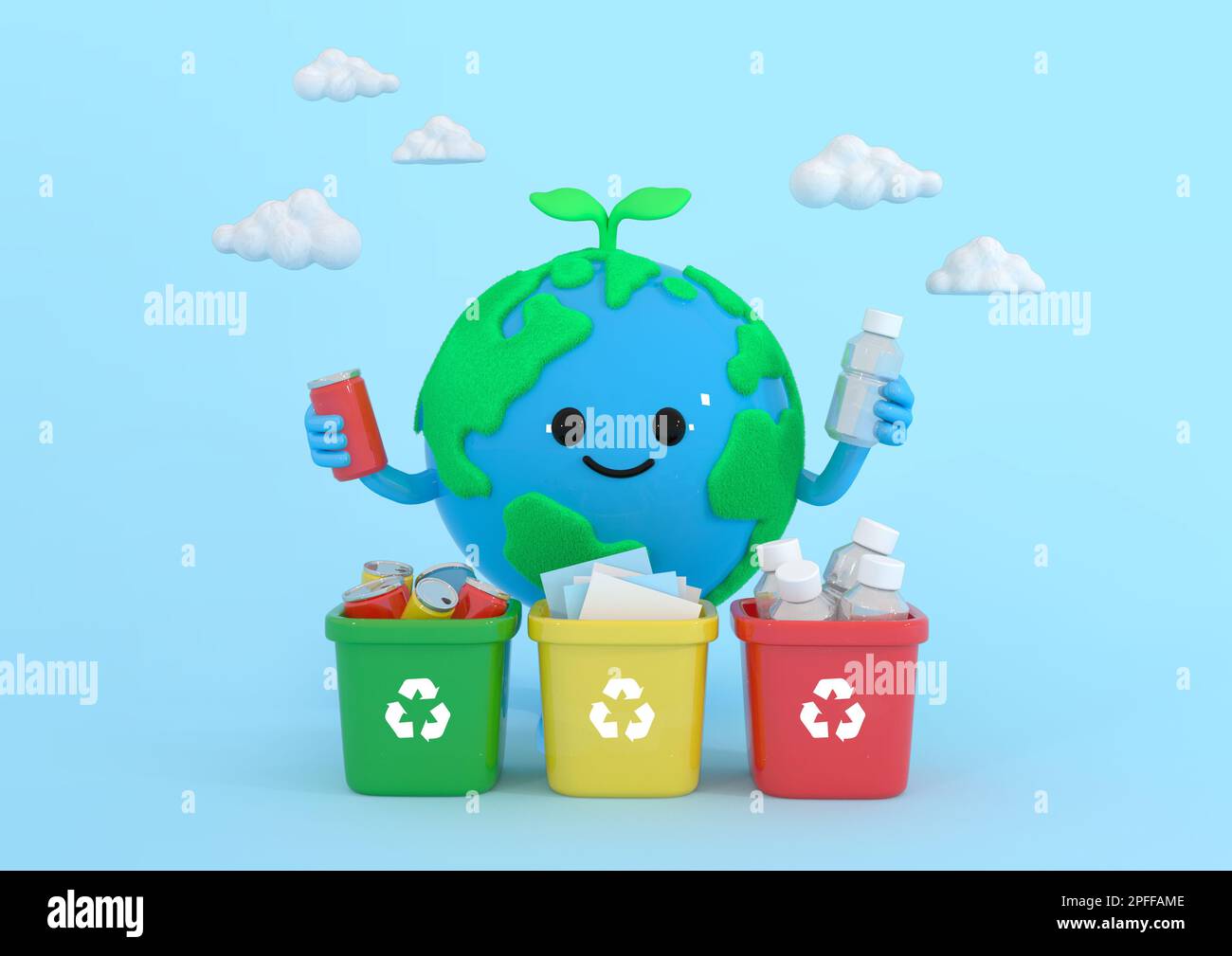 3d graphic rendered Earth character promoting recycling habits for
