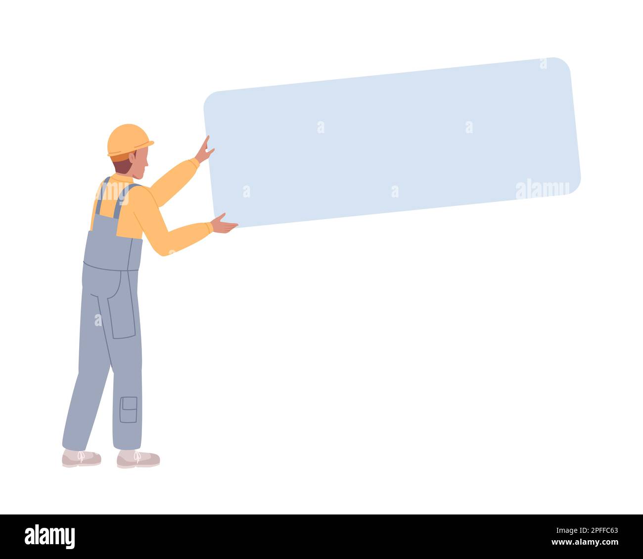 Construction labourer with metal panel semi flat color vector character Stock Vector