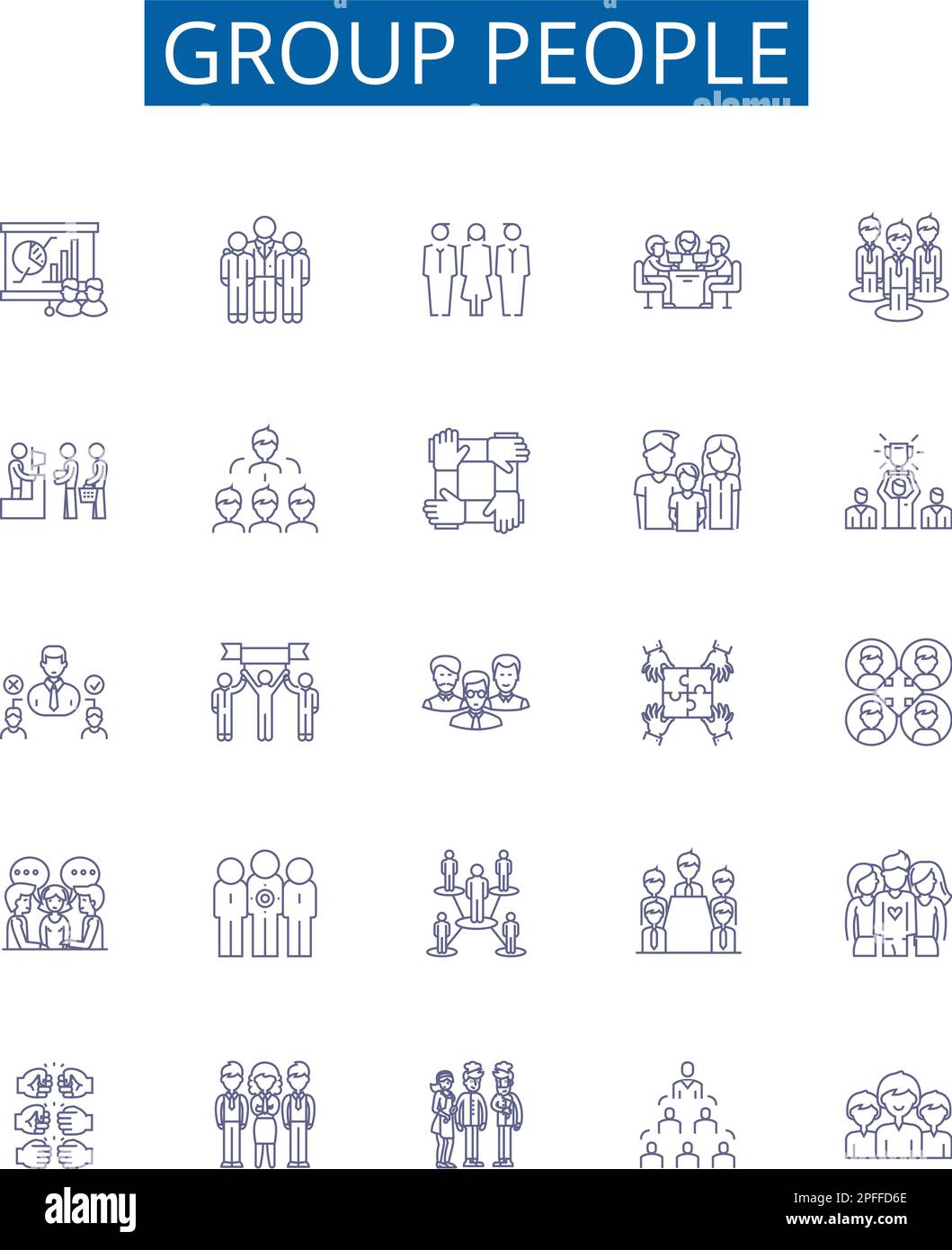 Group people line icons signs set. Design collection of Collective, Congregation, Assembly, Coadjutants, Aggregation, Horde, Swarm, Consortium outline Stock Vector