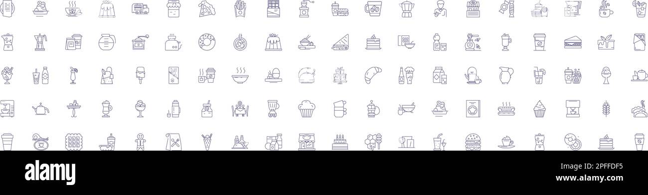 Boulangerie line icons signs set. Design collection of Bakery, Patisserie, Bread, Croissant, Cookies, Viennoiserie, Cake, Tart outline concept vector Stock Vector