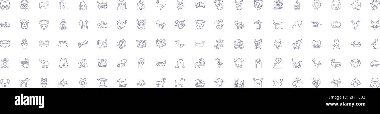 Cute animals line icons signs set. Design collection of Furry, Kittens, Pups, Fluffy, Puppy, Cuddly, Bear, Bunny outline concept vector illustrations Stock Vector