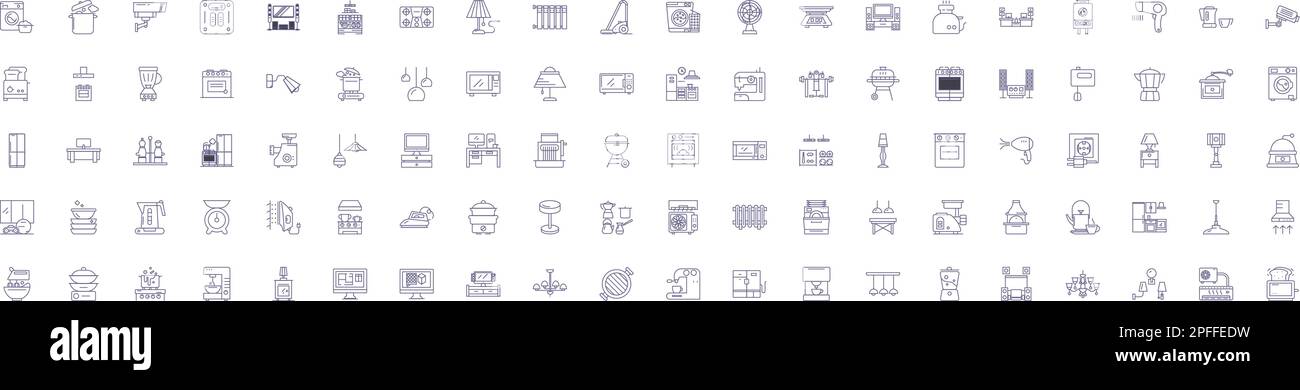 Household appliances line icons signs set. Design collection of Iron, Vacuum, Kettle, Blender, Stand mixer, Toaster, Refrigerator, Stove outline Stock Vector