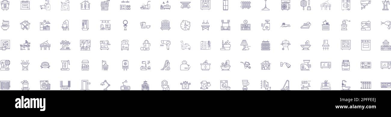 Home equipment line icons signs set. Design collection of Furniture, Appliances, Stove, Refrigerator, TV, Lights, Chimney, Fan outline concept vector Stock Vector