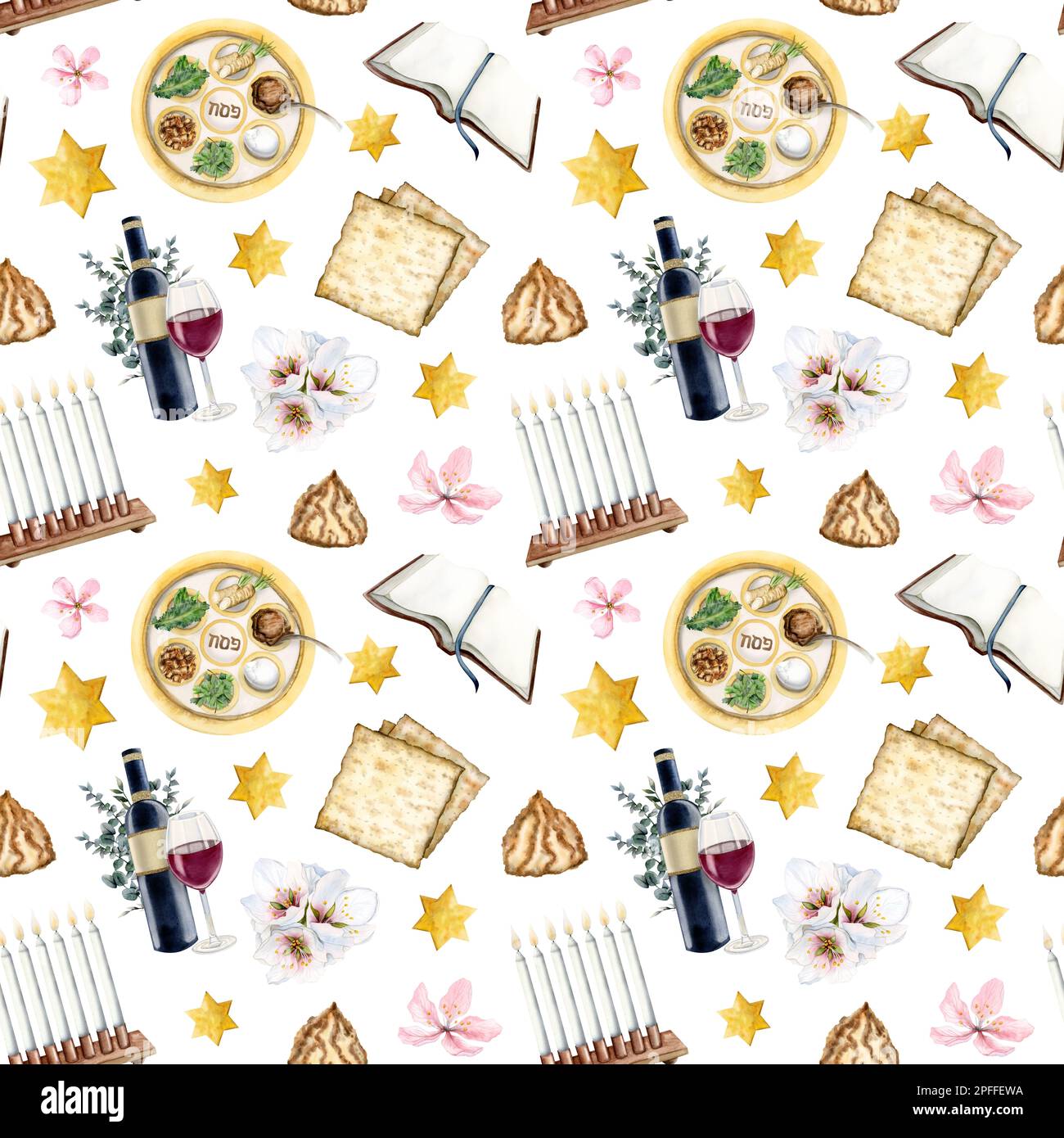 Watercolor Passover symbols seamless pattern with spring flowers, red