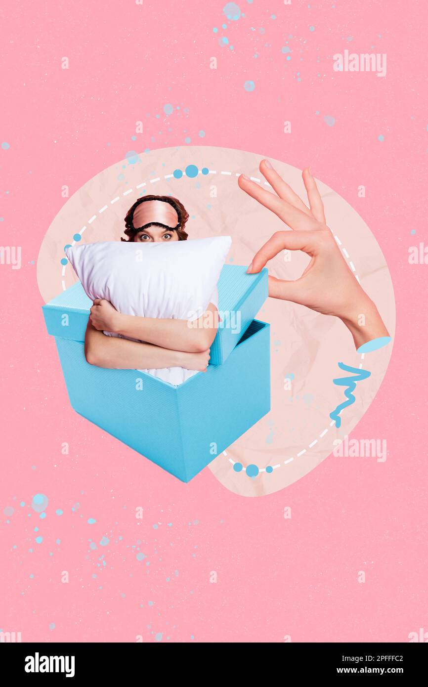Vertical collage image of arm fingers open box mini frightened girl inside  hold pillow isolated on drawing pink background Stock Photo - Alamy