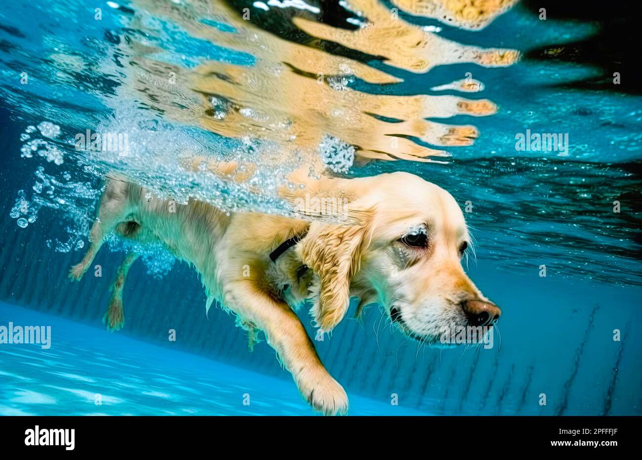 Adorable cute golden labrador retriever puppy swimming in the pool. Underwater shot of golden