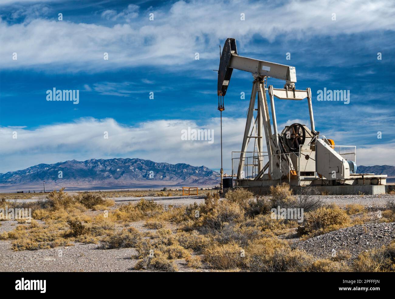 Pumpjack at oil well, Makoil Trap Spring Oil Field, Railroad Valley, Great Basin Desert, US-6 highway, 12 mi southwest of Currant, Nevada, USA Stock Photo