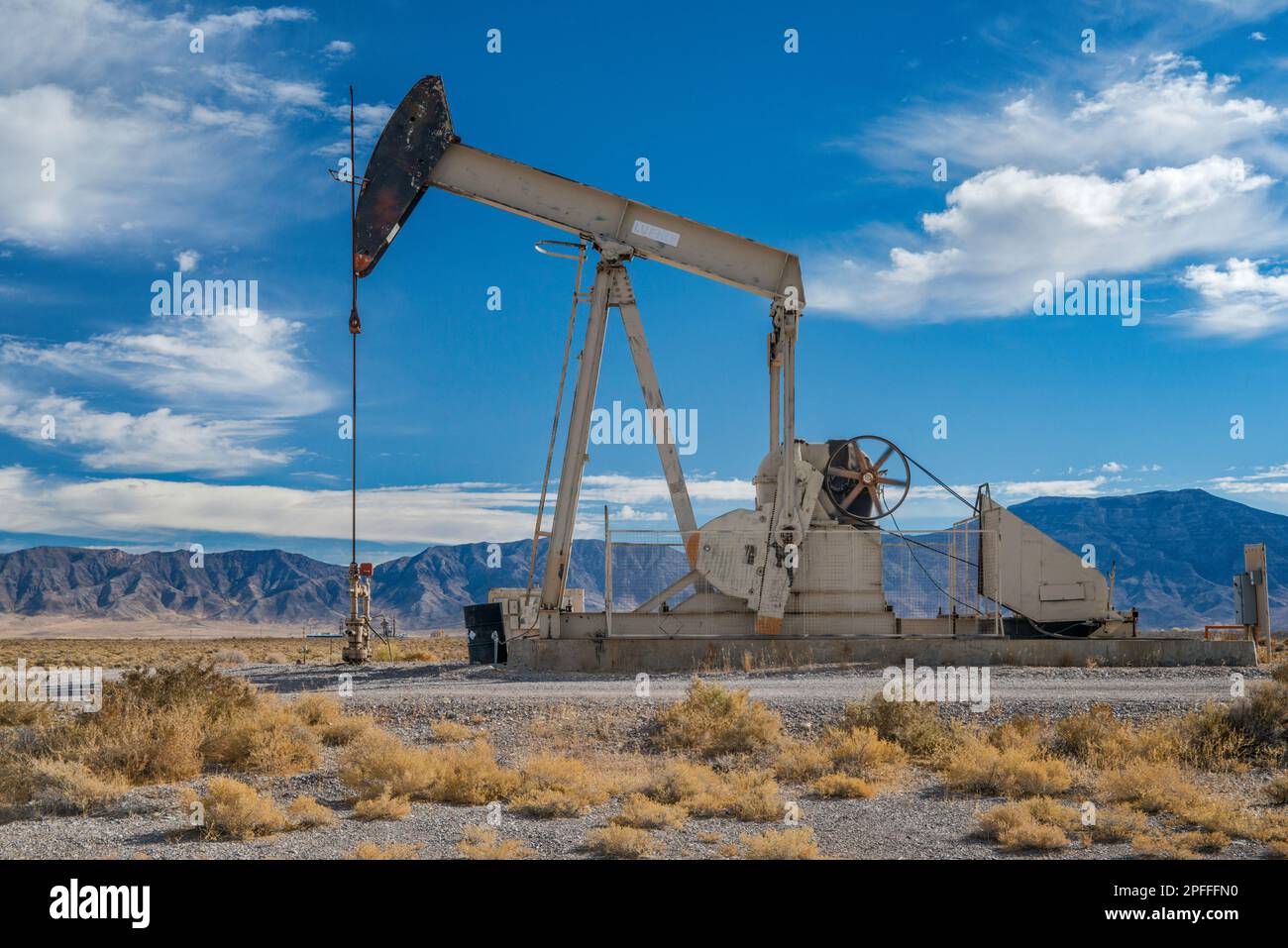 Pumpjack at oil well, Makoil Trap Spring Oil Field, Railroad Valley, Great Basin Desert, US-6 highway, 12 mi southwest of Currant, Nevada, USA Stock Photo