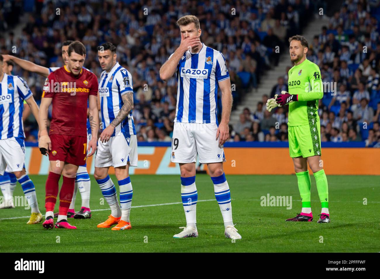 Alexander Sorloth of Real Sociedad in action during UEFA Europa League round of 16, second leg match between Real Sociedad and AS Roma at Reale Arena. Donostia (Spain). March 16, 2023. (Gari Garaialde / Bostok Photo). Stock Photo