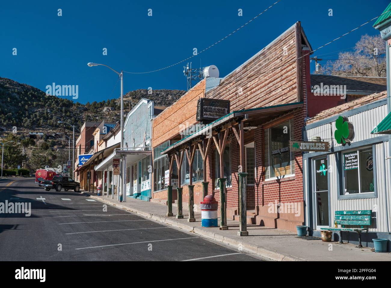 Fake front shops, sidewalk porch, Main Street in historic silver mining