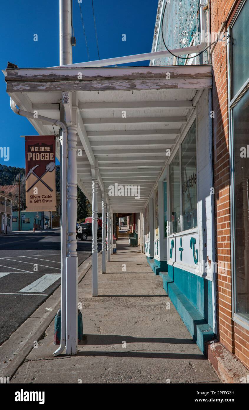 Sidewalk porch, shops on Main Street in historic silver mining town of