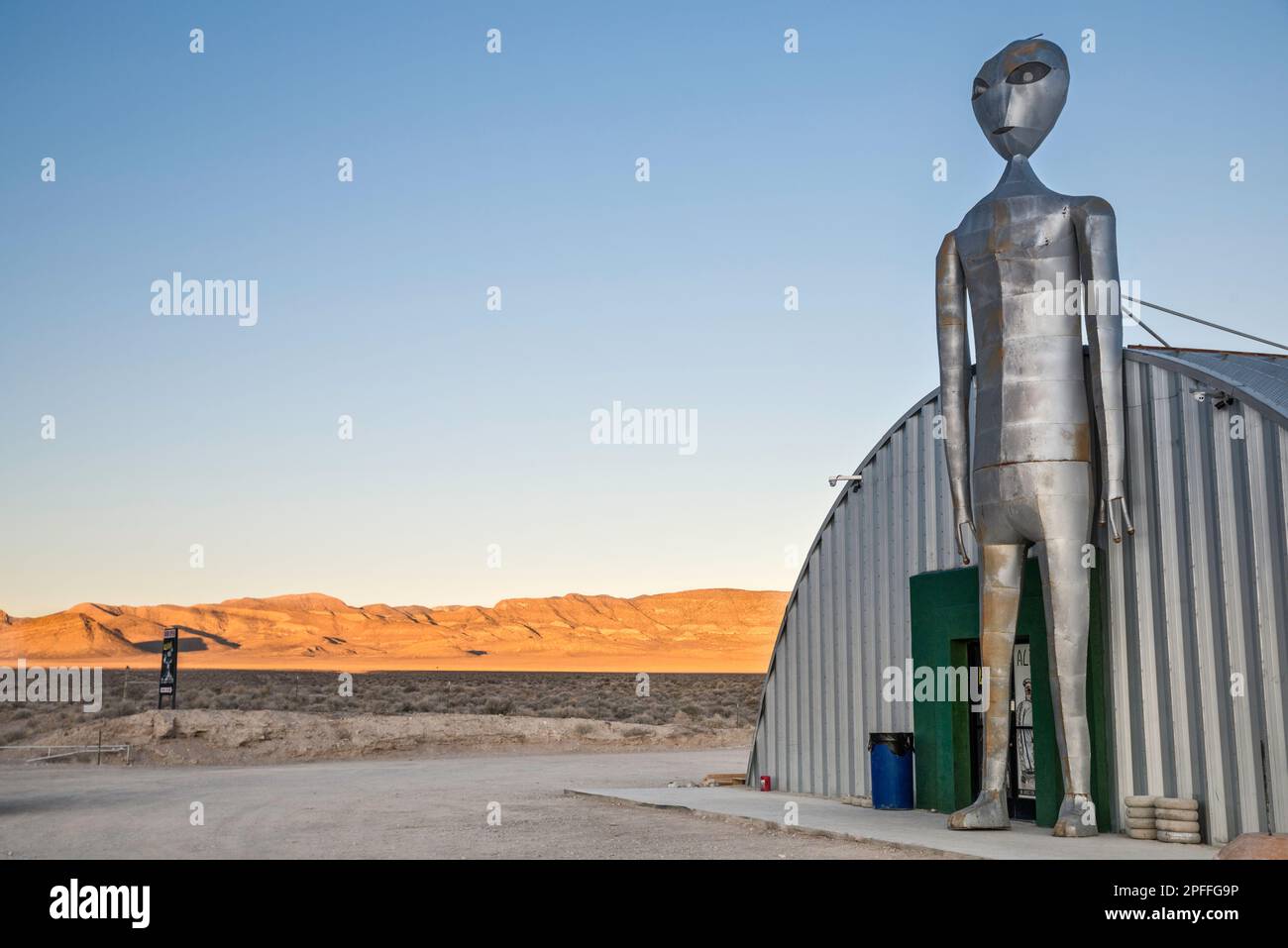 Alien steel figure at Alien Research Center, Extraterrestrial Highway NV-375, ghost town of Crystal Spring, near Hiko, Great Basin, Nevada, USA Stock Photo