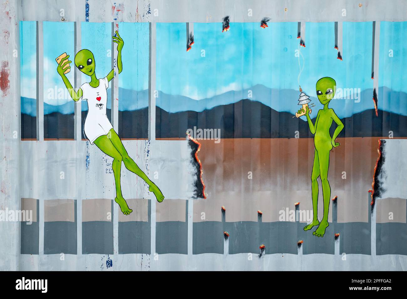 Aliens in mural at Alien Research Center, Extraterrestrial Highway NV-375, ghost town of Crystal Spring, near Hiko, Great Basin, Nevada, USA Stock Photo