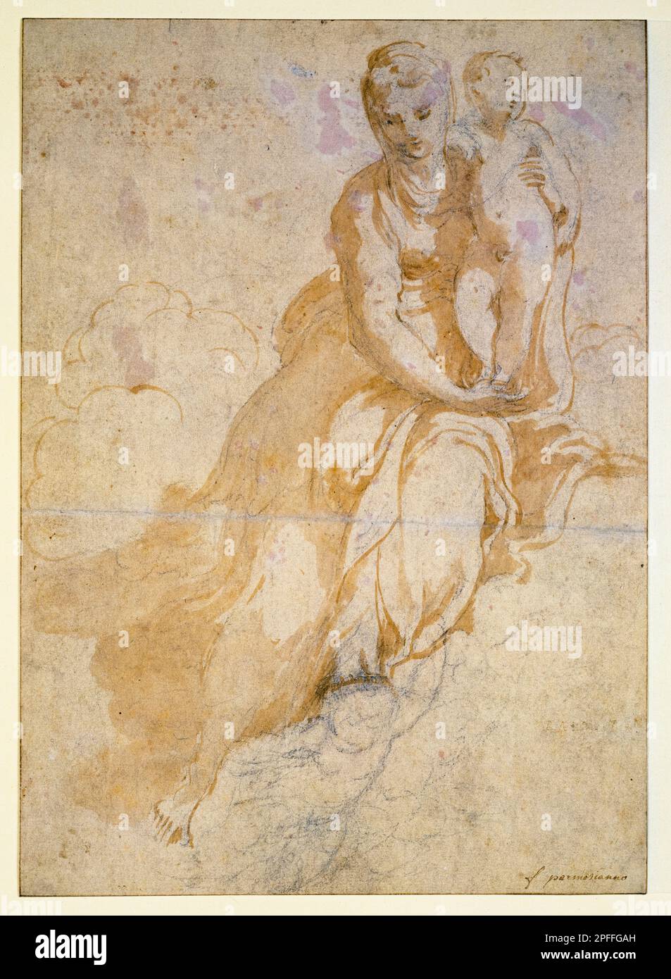 Study of the Madonna and Child, drawing in chalk, wash & brush by Girolamo Francesco Maria Mazzola, 1526-1530 Stock Photo