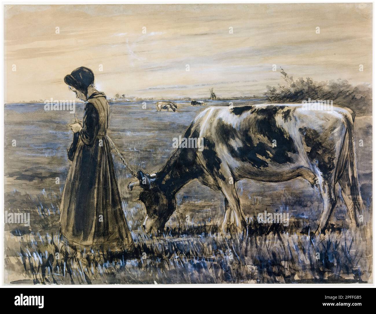 Max Liebermann, Girl with a Cow, drawing in chalk, brush & wash, circa