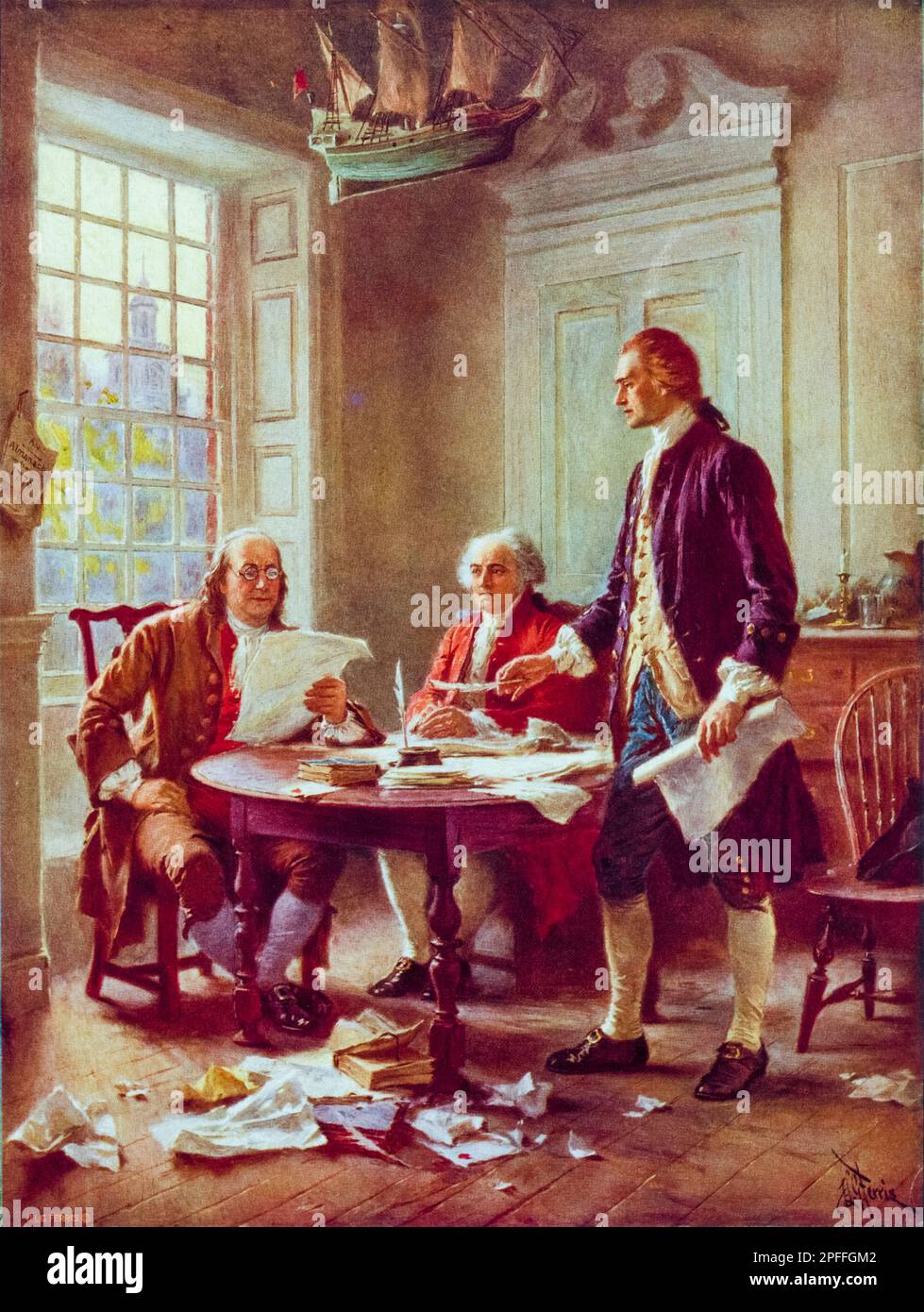 Thomas Jefferson, Benjamin Franklin, and John Adams meet to review a draft of the Declaration of Independence, lithographic print by Jean Leon Gerome Ferris, circa 1932 Stock Photo